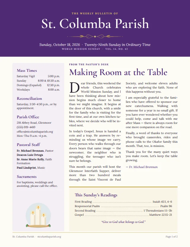 A parish bulletin brought in from Publisher, open in Acta